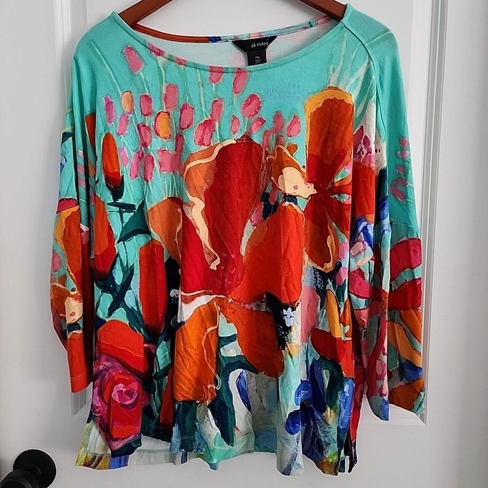 Ali Miles Blouse Womens PXL Aqua Floral Colorful Artsy 3/4 Sleeve Tunic